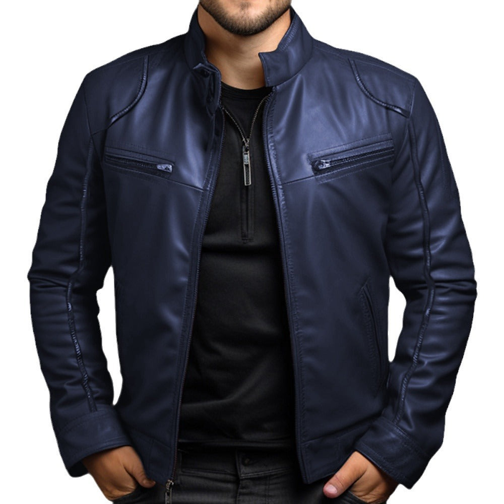 Men's Stand Collar Motorcycle Leather Jacket