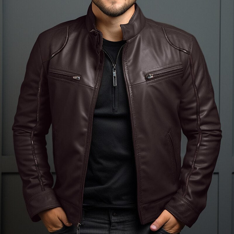 Men's Stand Collar Motorcycle Leather Jacket