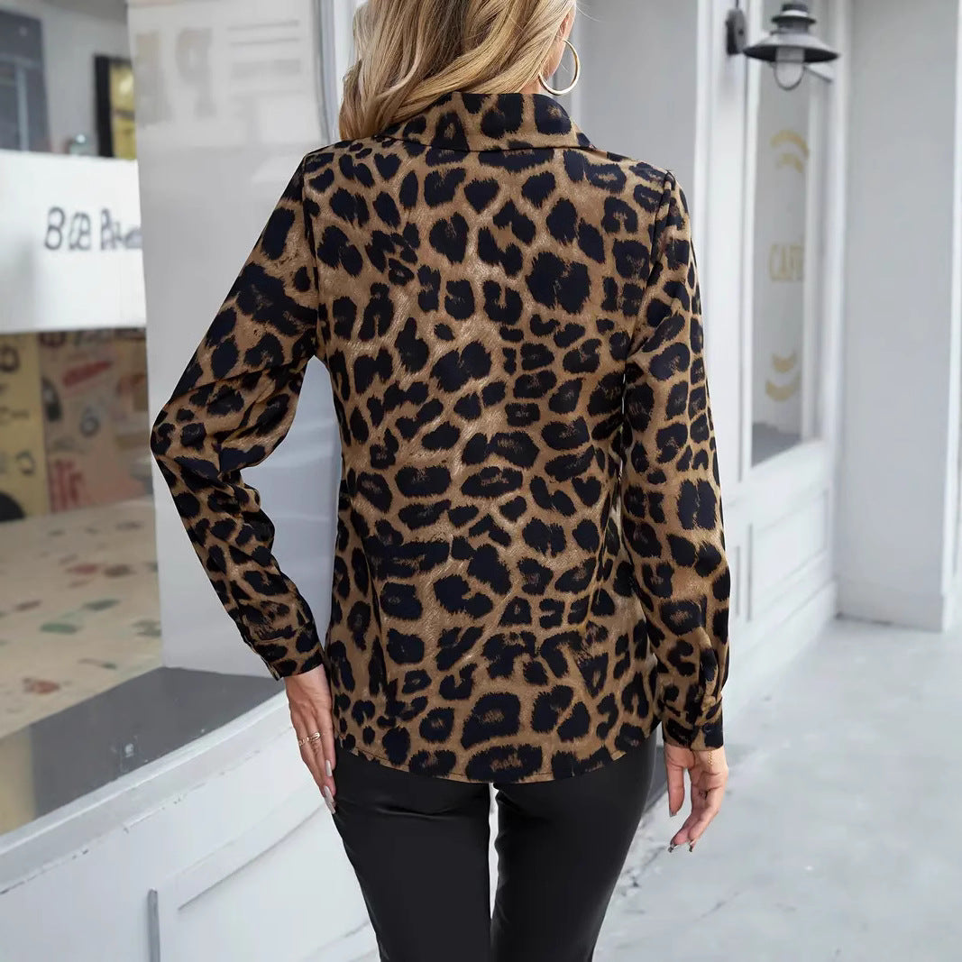 Leopard Print Collar Buckle Women's Casual Long-sleeved Shirt